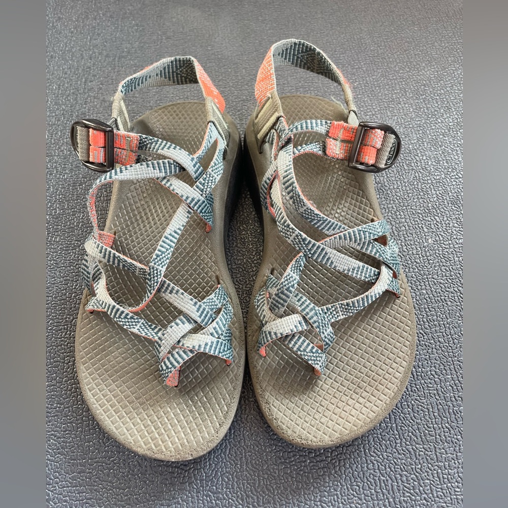 Chaco Women's Sandals - Gray Footbed with Blue and Coral Straps